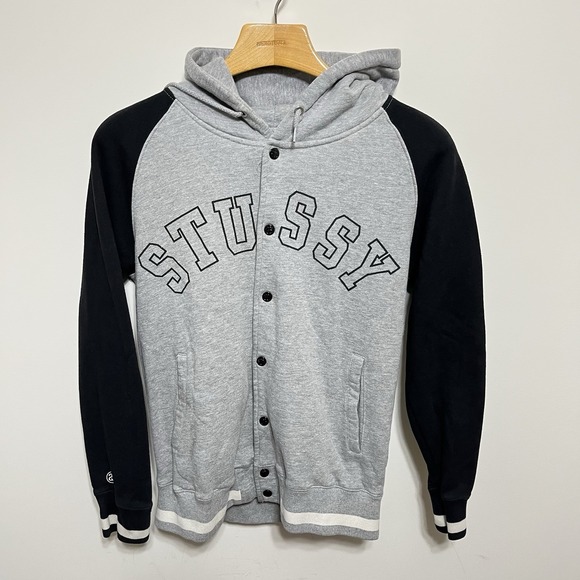 Stussy Other - Vintage Stussy Jacket Hoodie Mens Medium 90s USA Spellout Varsity Gray Black
